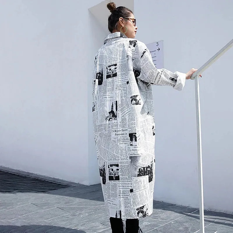 Long White & Black News Print Oversized  Button Down Shirt