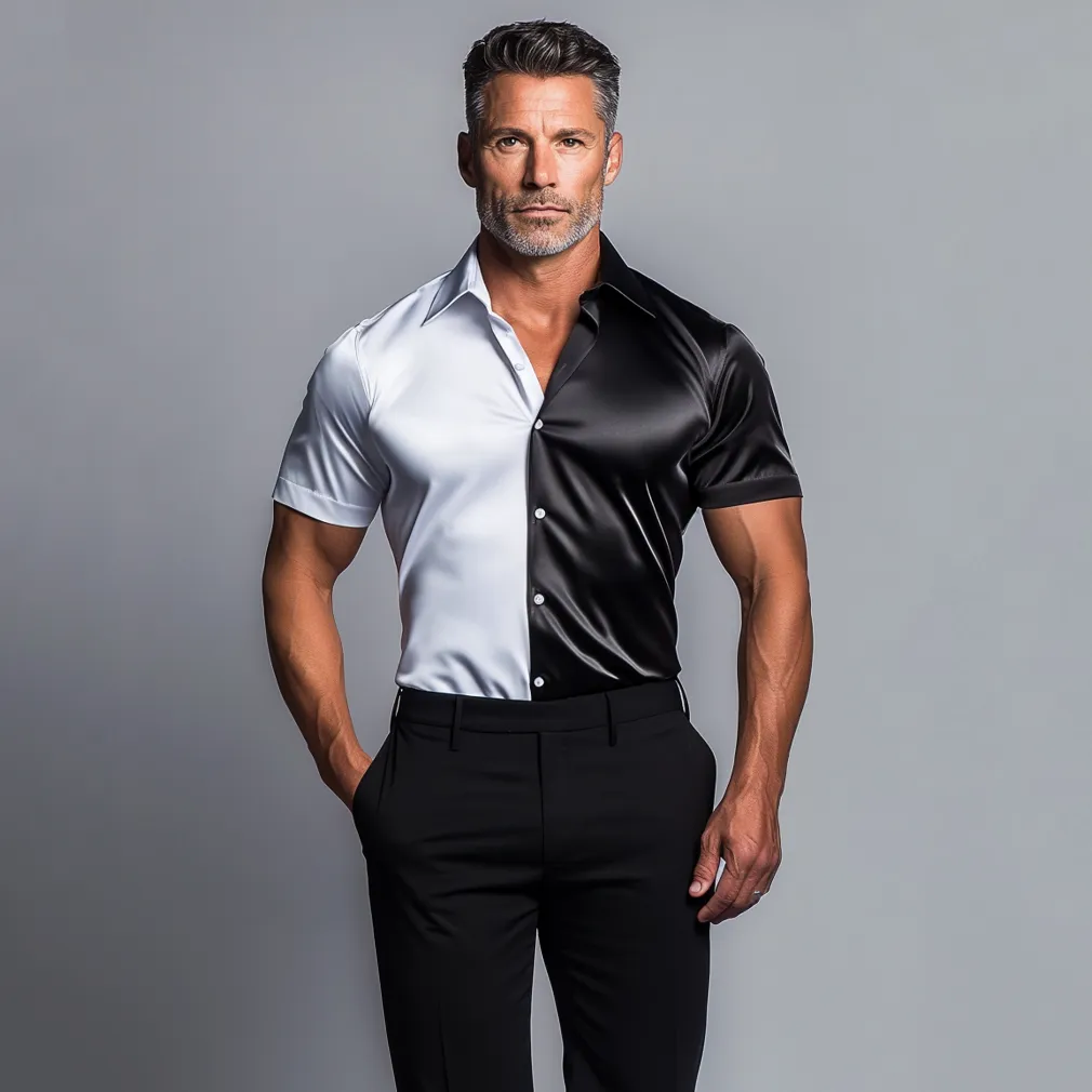 Men's Business Satin Colorblock Turndown Collar Button Short Sleeve Shirt