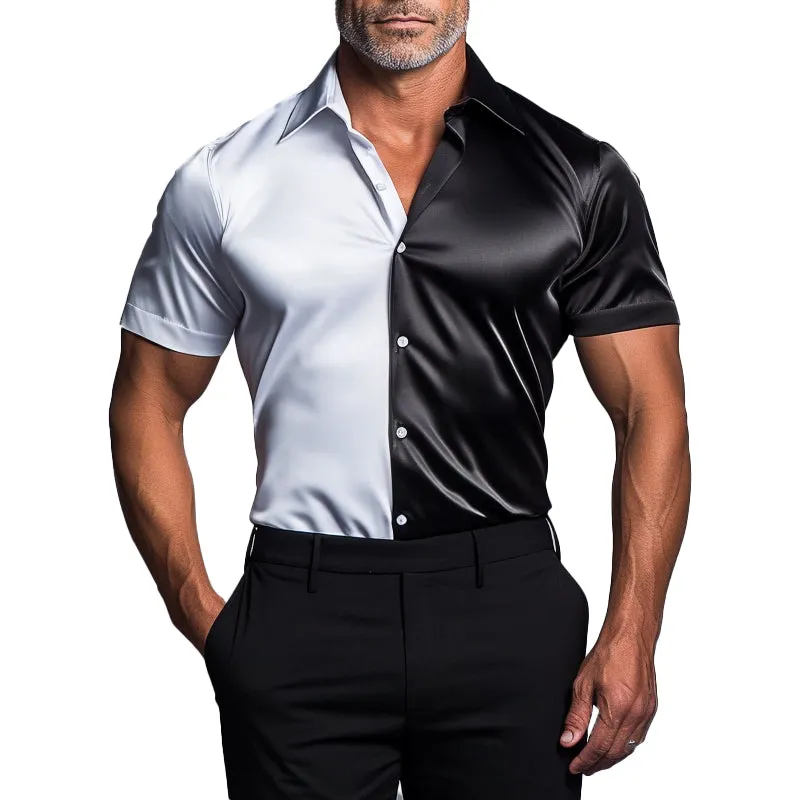 Men's Business Satin Colorblock Turndown Collar Button Short Sleeve Shirt