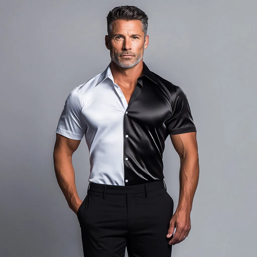 Men's Business Satin Colorblock Turndown Collar Button Short Sleeve Shirt