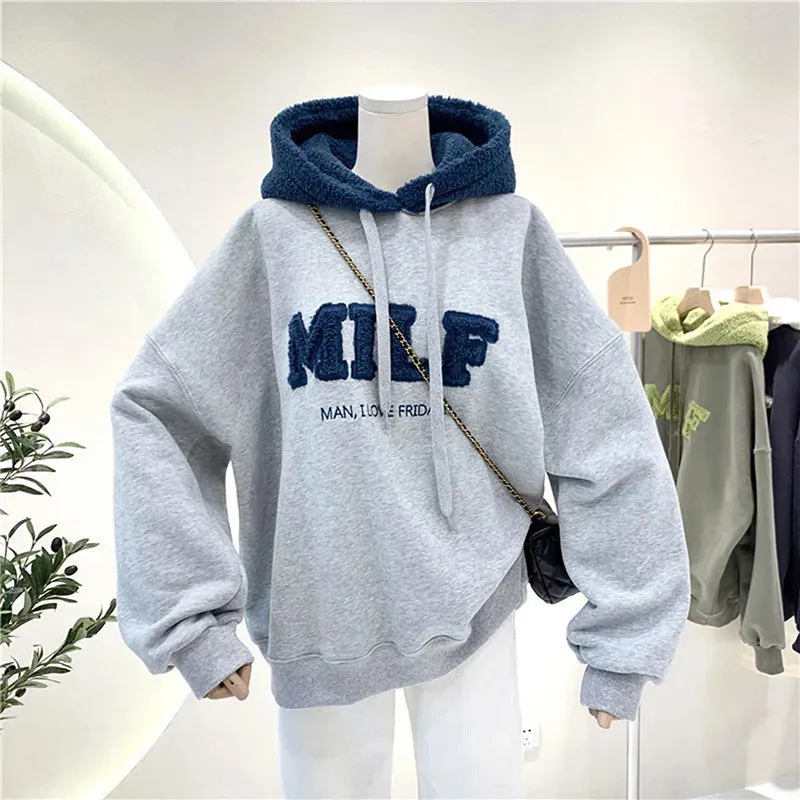MILF "Man I Love Friday" Oversized Sweatshirt – Casual Loose-Fit Cotton Hoodie for Women, Winter Streetwear, Fleece Long Sleeve Pullover
