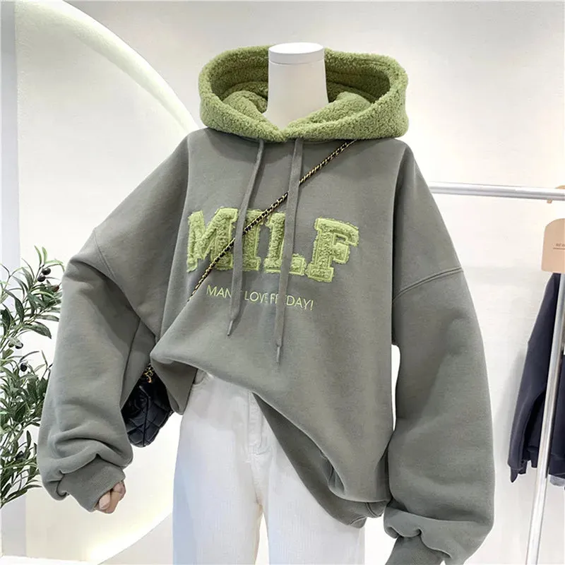 MILF "Man I Love Friday" Oversized Sweatshirt – Casual Loose-Fit Cotton Hoodie for Women, Winter Streetwear, Fleece Long Sleeve Pullover