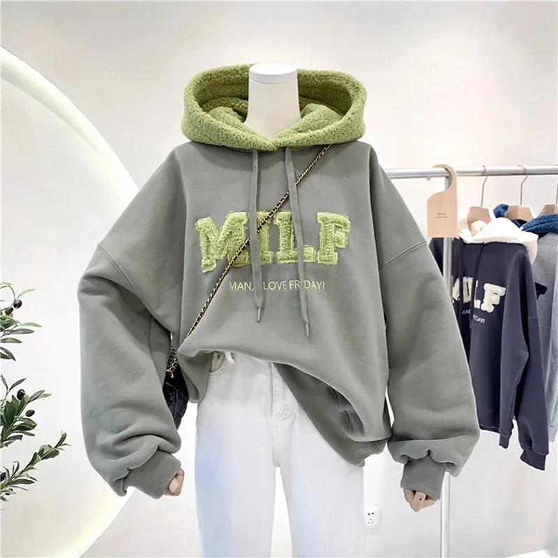 MILF "Man I Love Friday" Oversized Sweatshirt – Casual Loose-Fit Cotton Hoodie for Women, Winter Streetwear, Fleece Long Sleeve Pullover