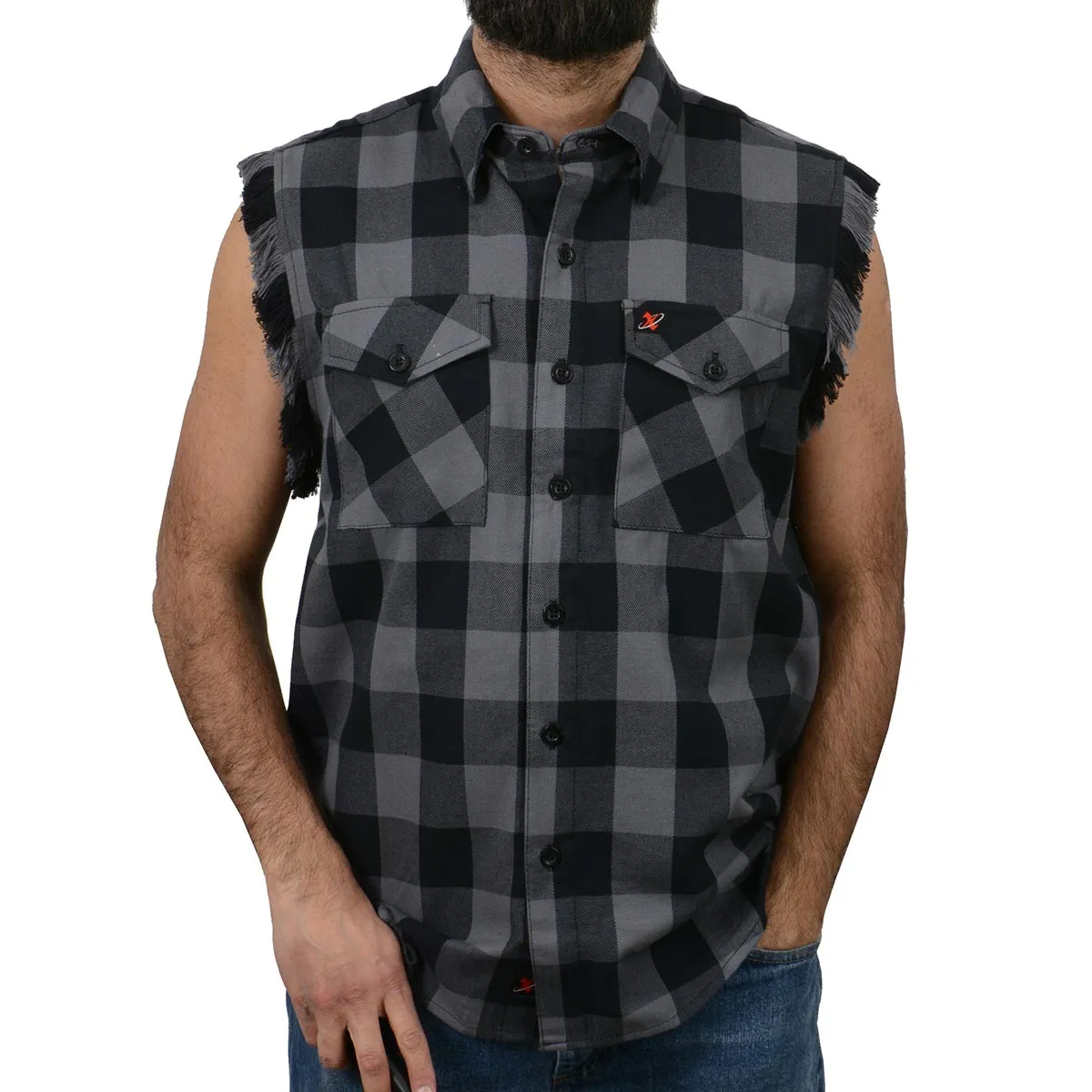 Milwaukee Leather MNG11689 Mens Black and Red Cut Off Flannel Shirt