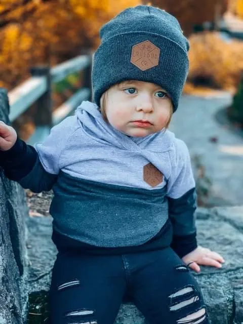 MONOCHROME Toddler Boy Beanie, Matching Toddler Beanie, Hipster Beanie, Faux Leather Patch Beanie