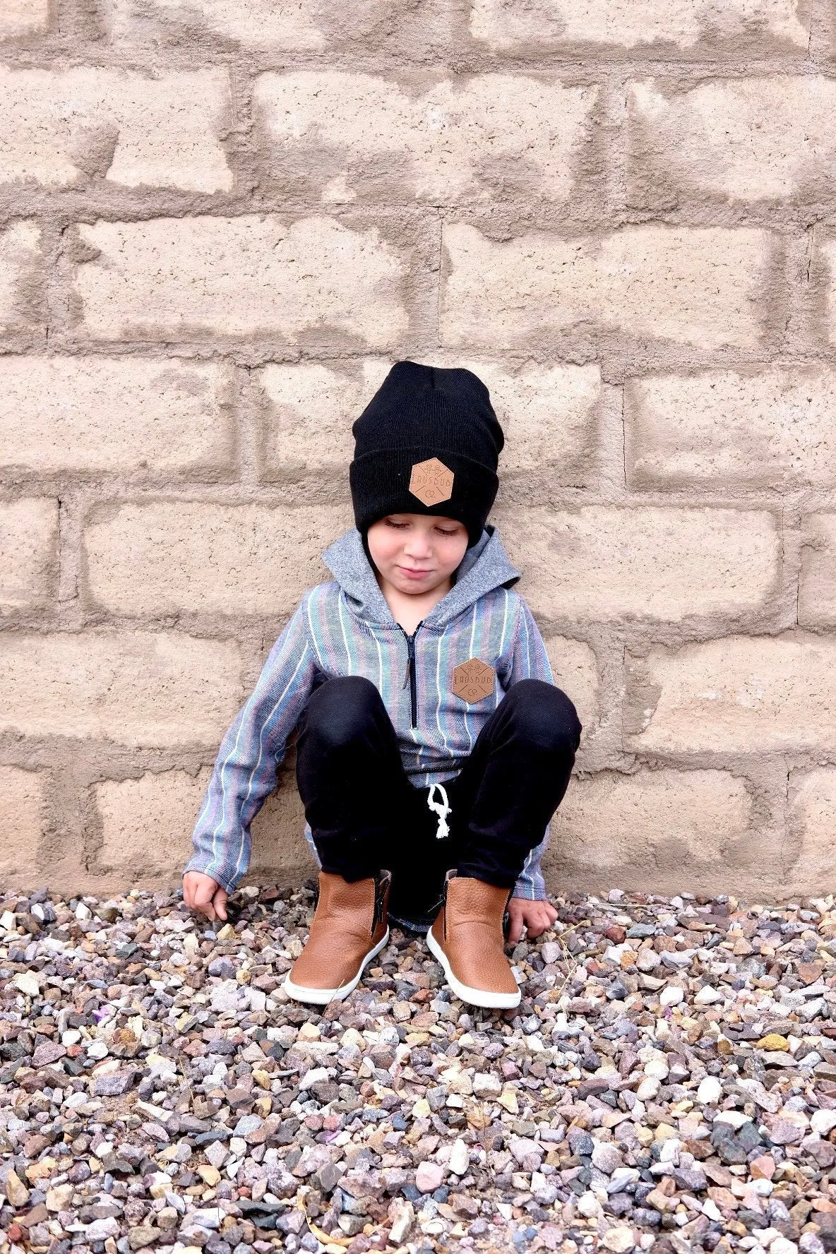 MONOCHROME Toddler Boy Beanie, Matching Toddler Beanie, Hipster Beanie, Faux Leather Patch Beanie