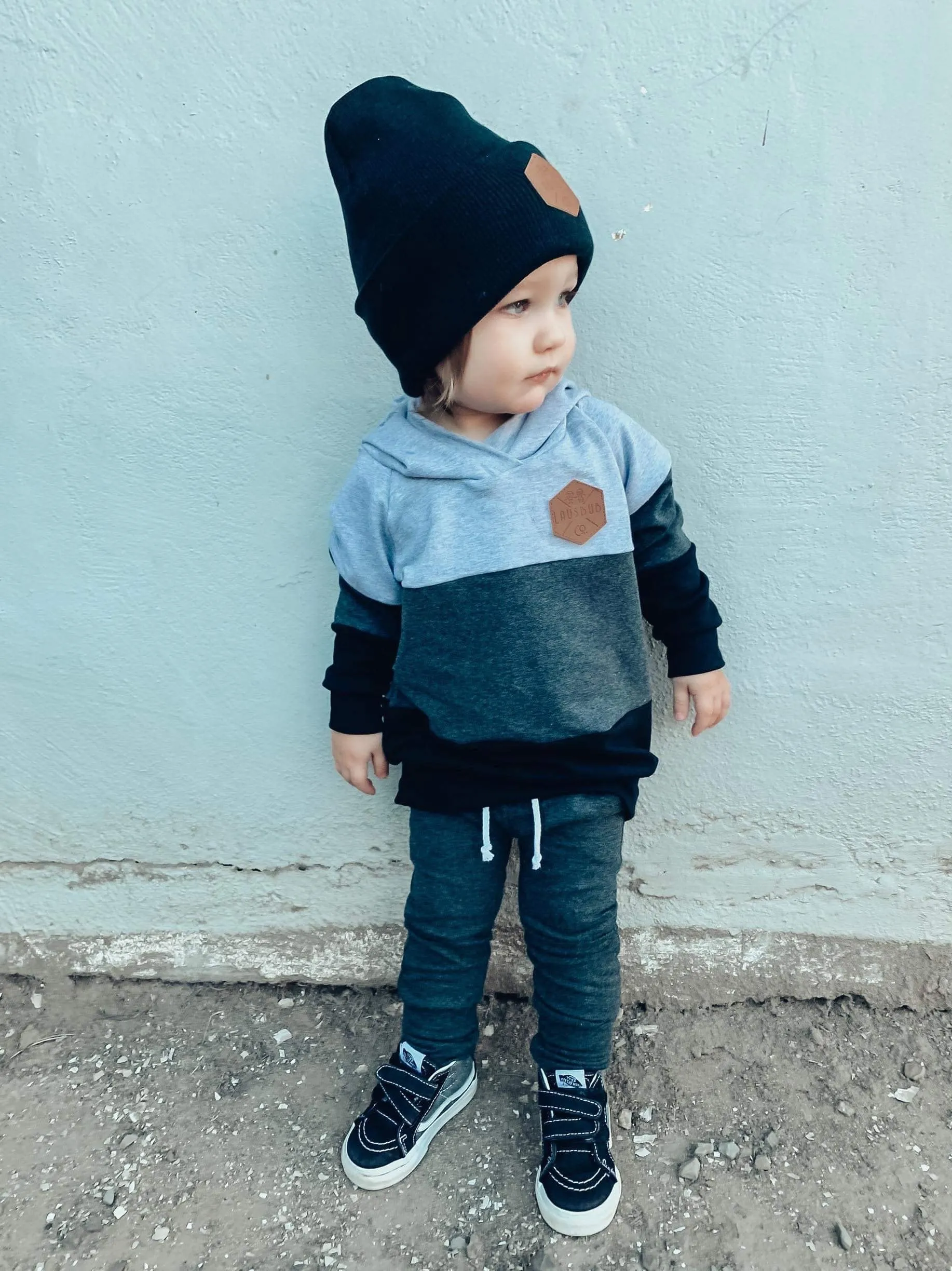 MONOCHROME Toddler Boy Beanie, Matching Toddler Beanie, Hipster Beanie, Faux Leather Patch Beanie