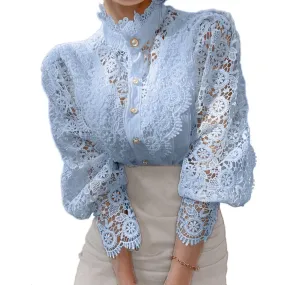 Owner Girl Stand Collar Lace Patchwork Shirts - Elegance Redefined