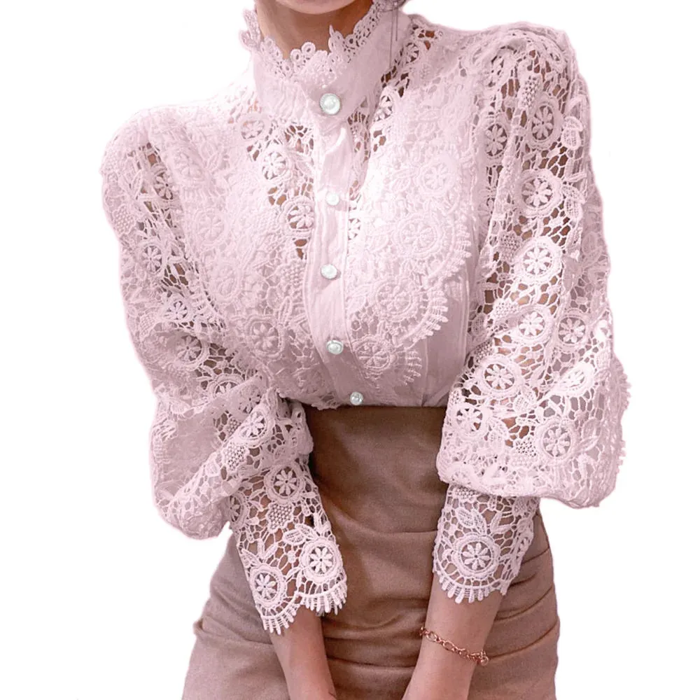 Owner Girl Stand Collar Lace Patchwork Shirts - Elegance Redefined