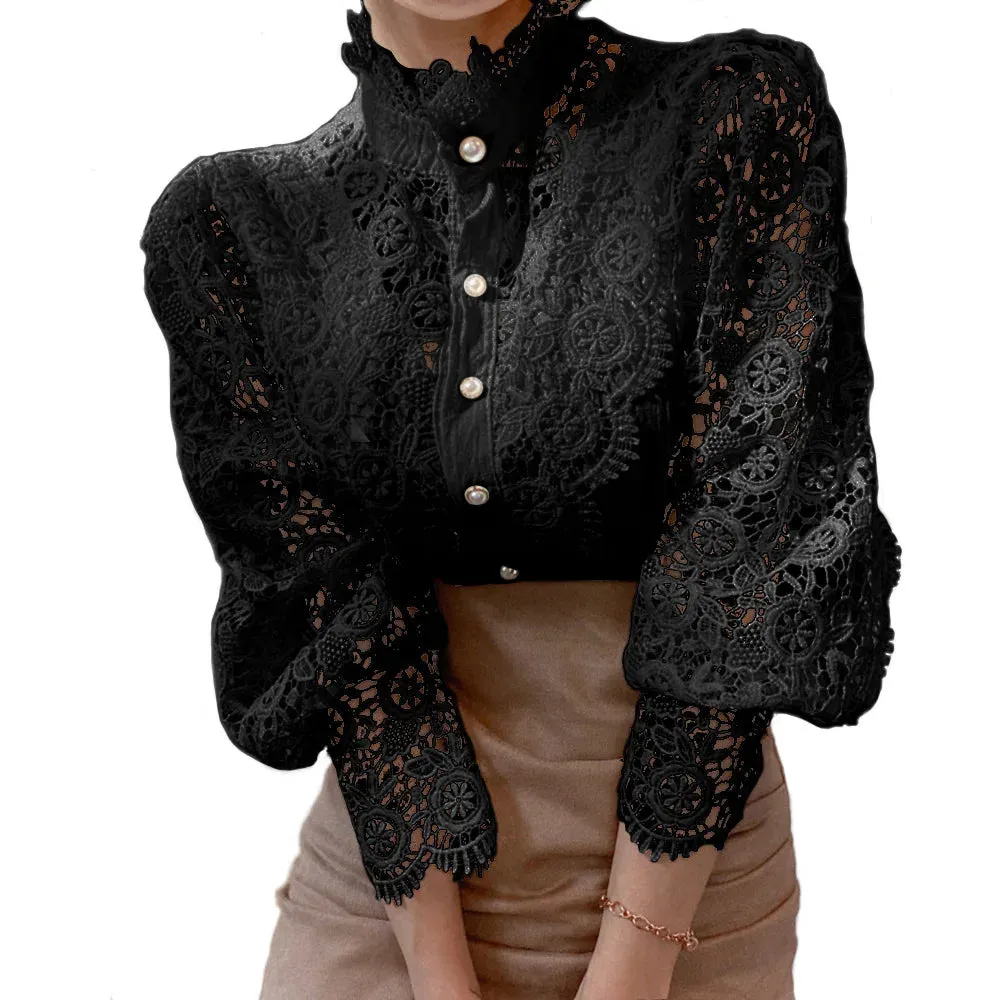 Owner Girl Stand Collar Lace Patchwork Shirts - Elegance Redefined