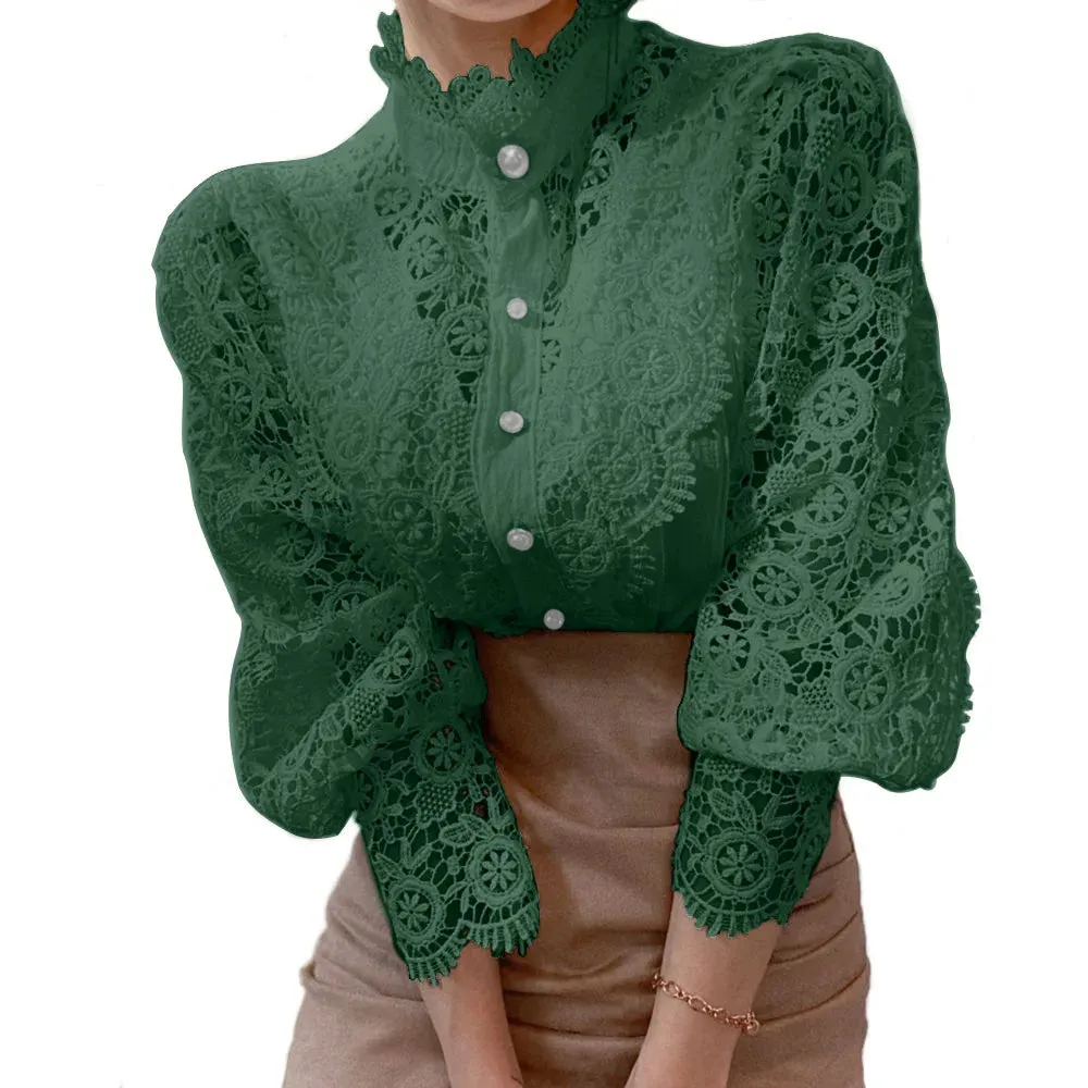Owner Girl Stand Collar Lace Patchwork Shirts - Elegance Redefined