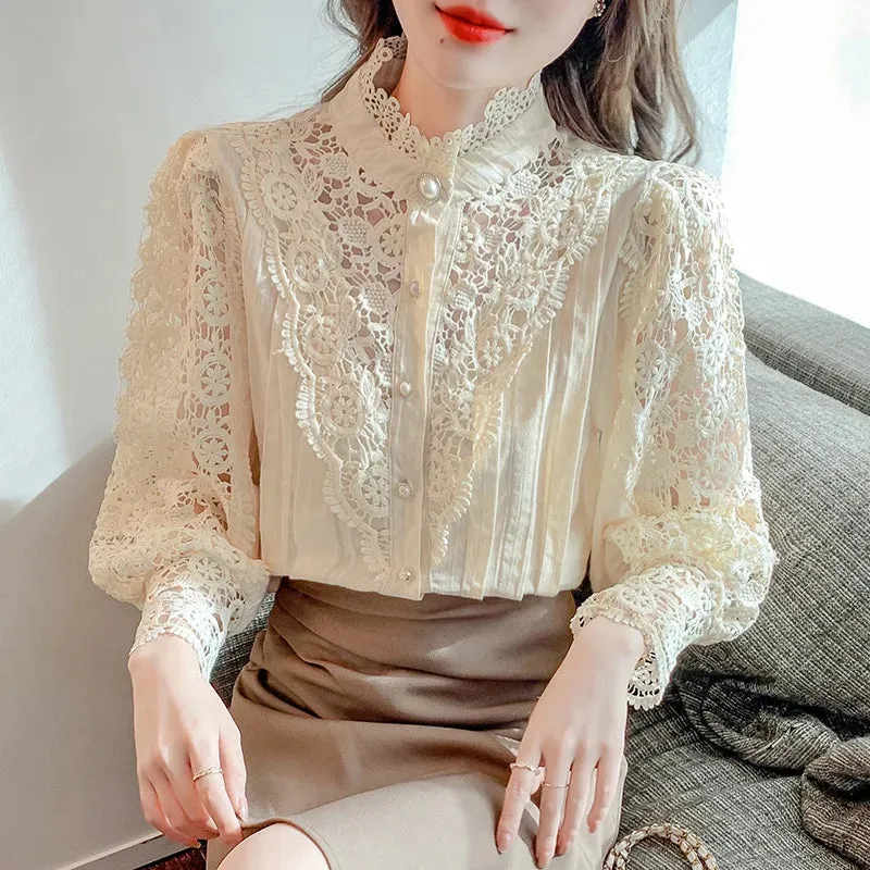 Owner Girl Stand Collar Lace Patchwork Shirts - Elegance Redefined