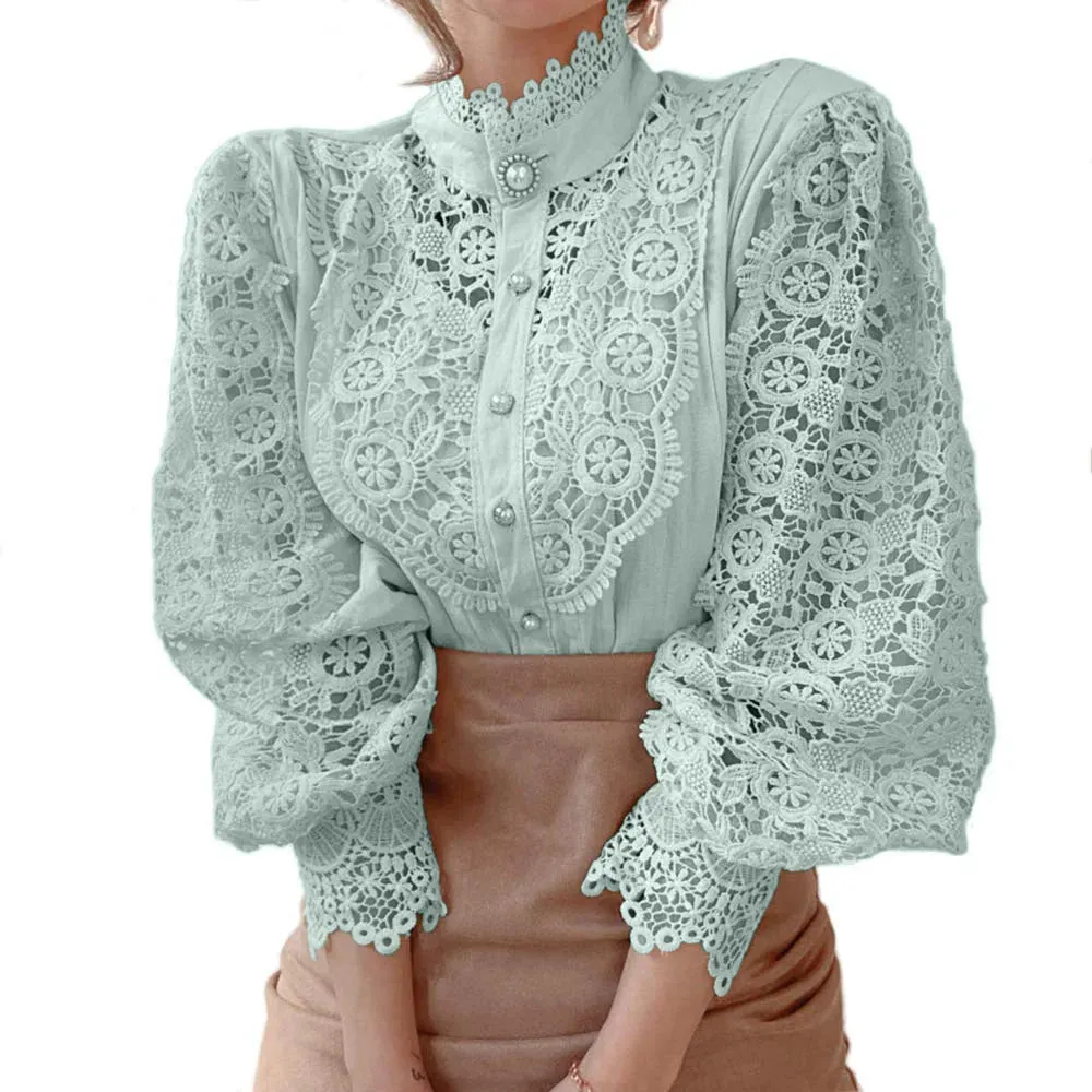 Owner Girl Stand Collar Lace Patchwork Shirts - Elegance Redefined