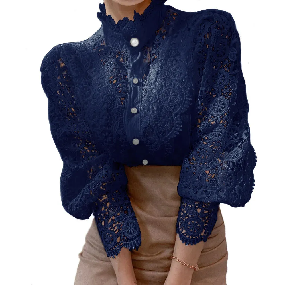 Owner Girl Stand Collar Lace Patchwork Shirts - Elegance Redefined