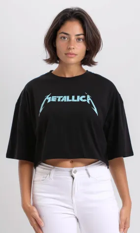 R208514 - Printed "Metallica" Elbow Sleeves Casual Tee - Black
