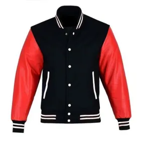 Spine Spark Black Wool Varsity Jacket Red Leather Sleeves