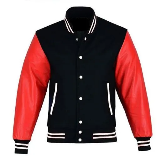 Spine Spark Black Wool Varsity Jacket Red Leather Sleeves