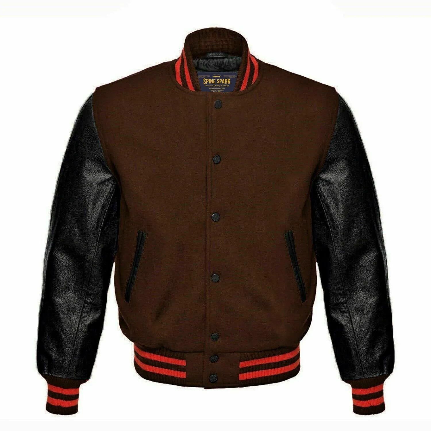 Spine Spark Brown Wool Varsity Jacket Black Leather Sleeves