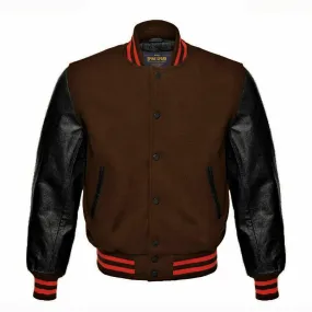 Spine Spark Brown Wool Varsity Jacket Black Leather Sleeves