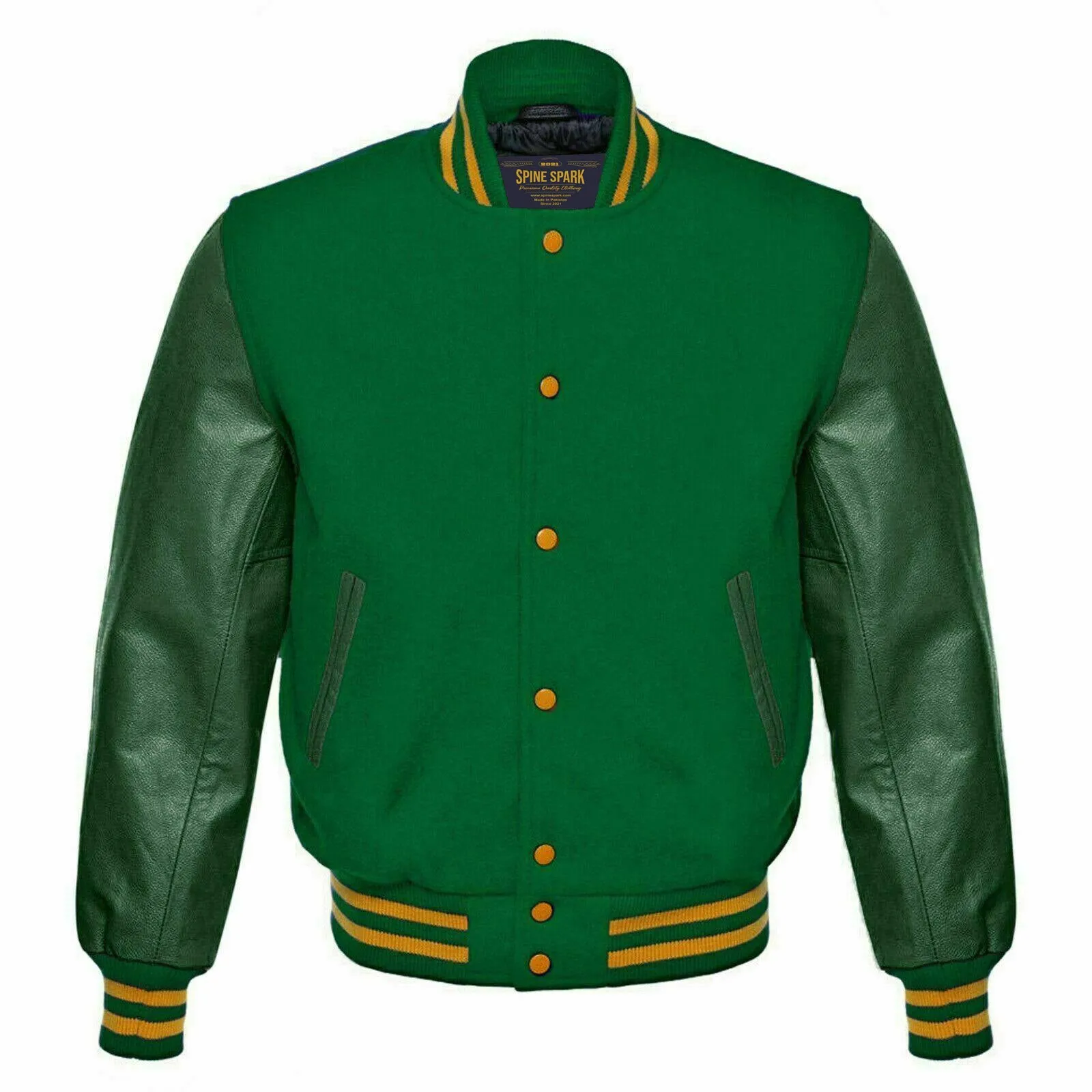 Spine Spark Green Wool Varsity Jacket Green Leather Sleeves