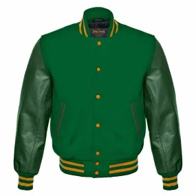 Spine Spark Green Wool Varsity Jacket Green Leather Sleeves