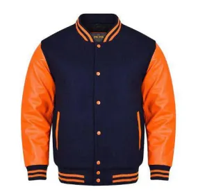 Spine Spark Navy Blue Wool Varsity Jacket Orange Leather Sleeves