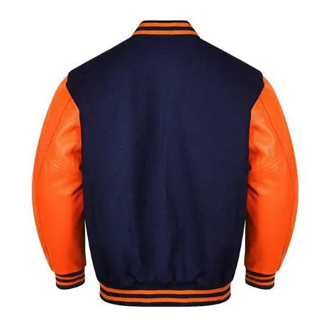 Spine Spark Navy Blue Wool Varsity Jacket Orange Leather Sleeves