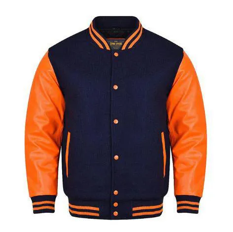 Spine Spark Navy Blue Wool Varsity Jacket Orange Leather Sleeves