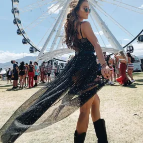 Starry Mesh Black Dress for Music Festivals
