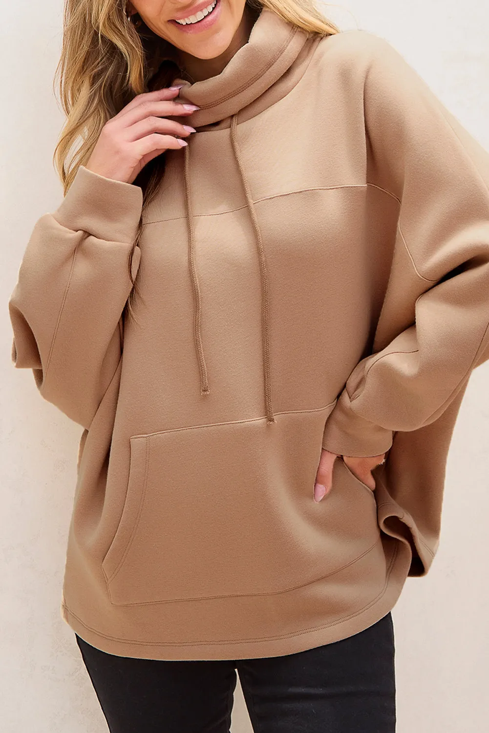 Trendy Dolman Sleeve Drawstring Turtleneck Pullover