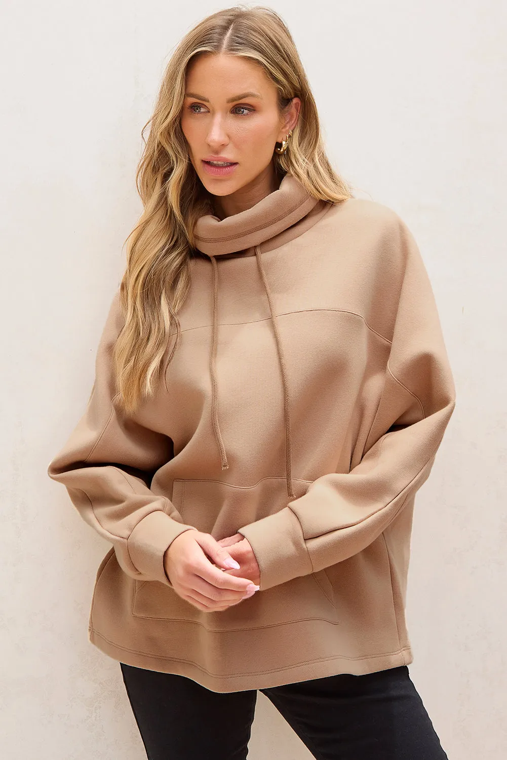 Trendy Dolman Sleeve Drawstring Turtleneck Pullover