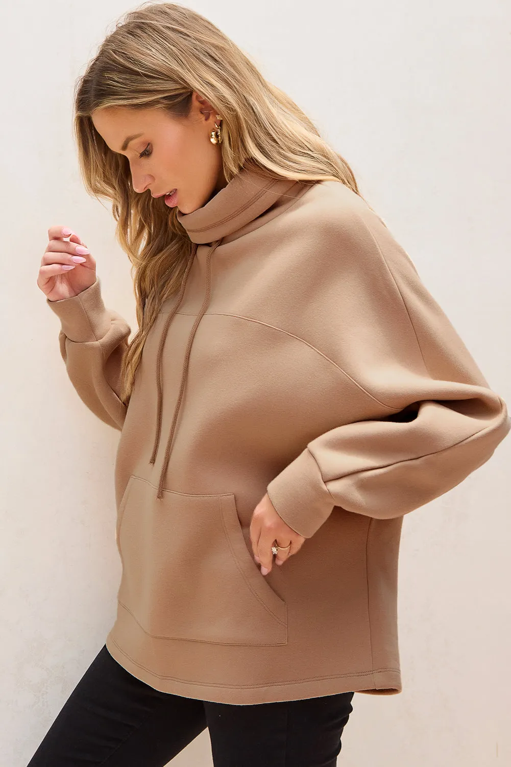 Trendy Dolman Sleeve Drawstring Turtleneck Pullover