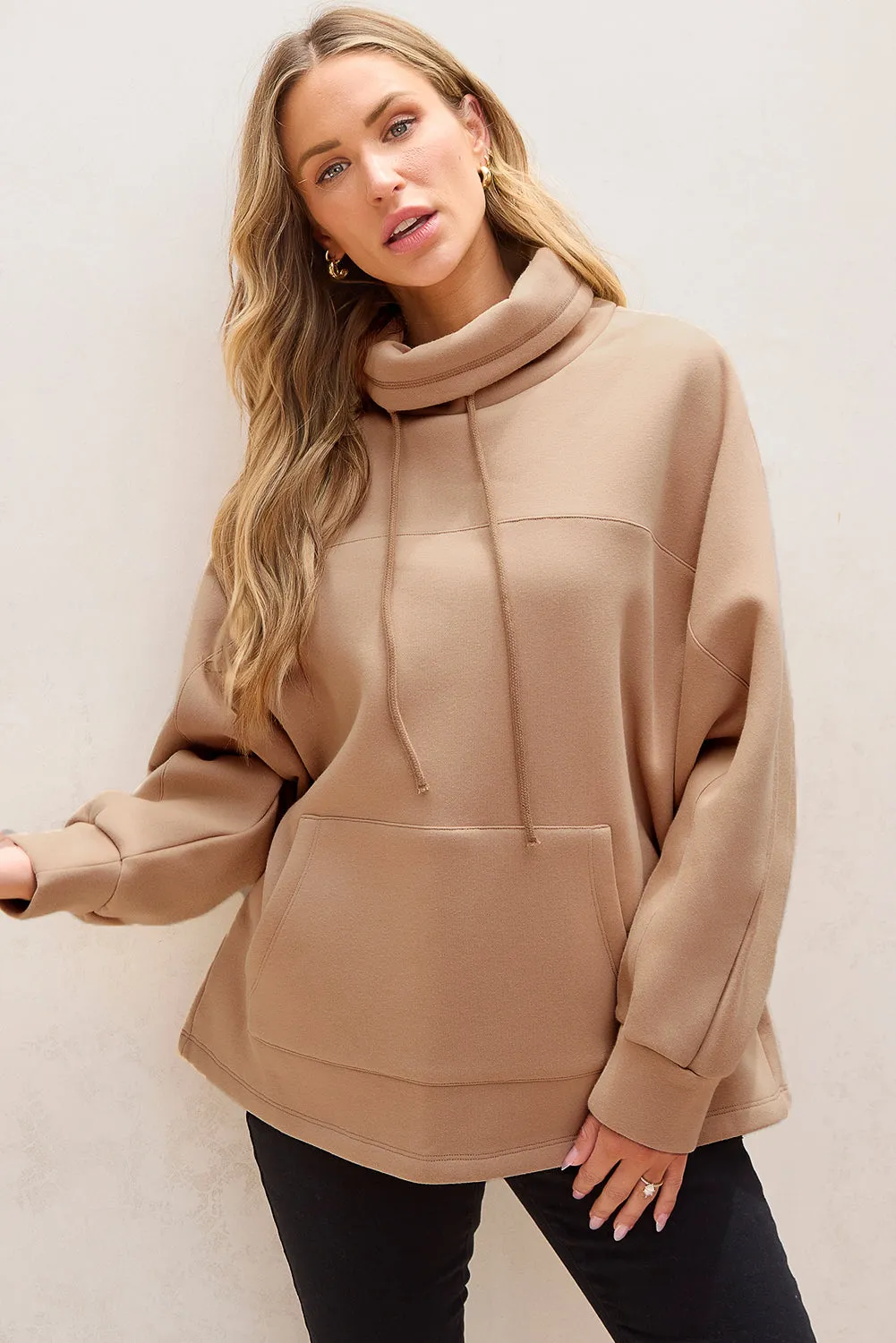 Trendy Dolman Sleeve Drawstring Turtleneck Pullover