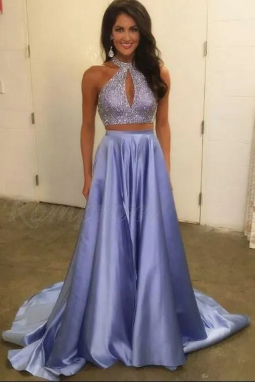 Two Piece Halter Keyhole Beaded Satin A Line Elegant Lavender Long Prom Dress PFP0333