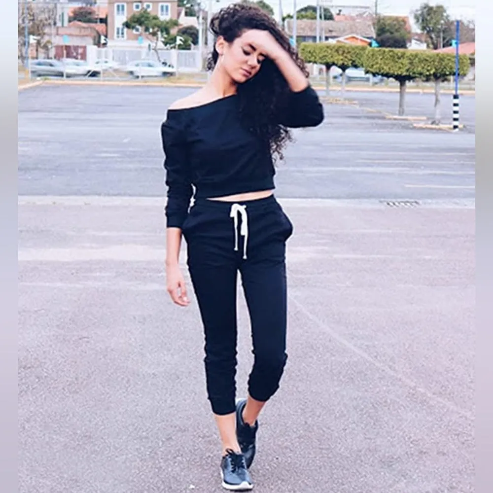 Two Piece Off Shoulder Crop Top and Sweat Pant Set Sport Tracksuit Black XL