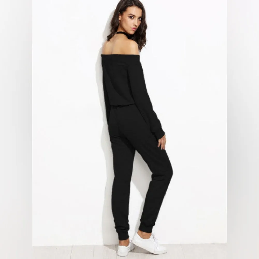 Two Piece Off Shoulder Crop Top and Sweat Pant Set Sport Tracksuit Black XL
