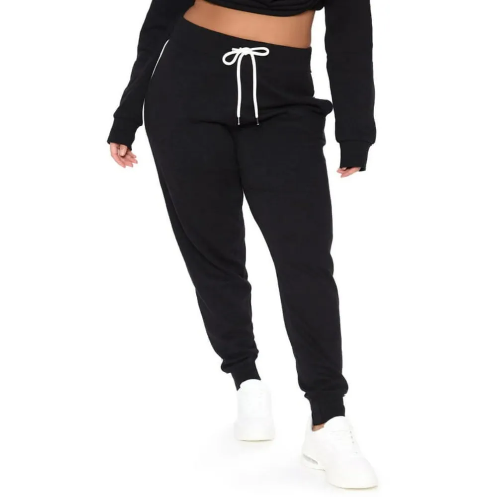 Two Piece Off Shoulder Crop Top and Sweat Pant Set Sport Tracksuit Black XL