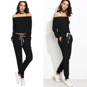Two Piece Off Shoulder Crop Top and Sweat Pant Set Sport Tracksuit Black XL