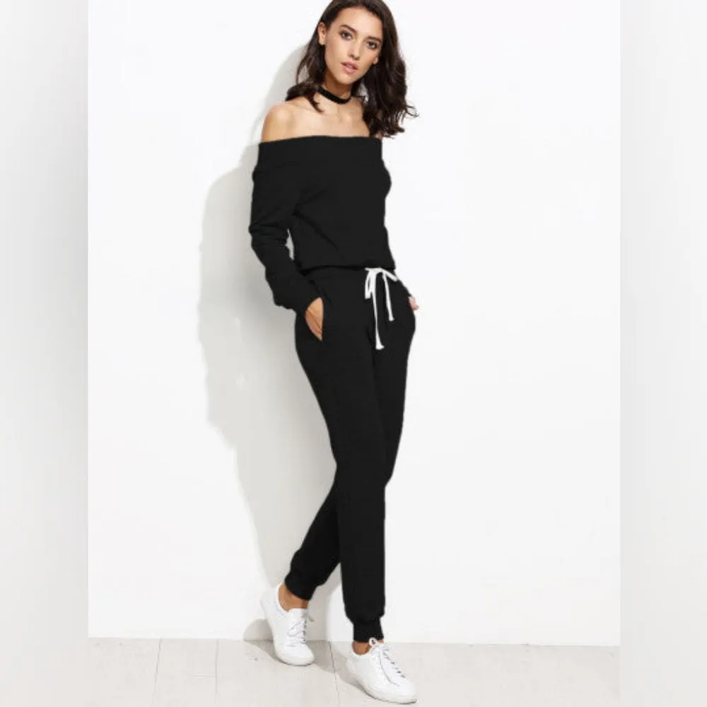 Two Piece Off Shoulder Crop Top and Sweat Pant Set Sport Tracksuit Black XL