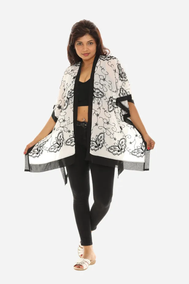 Women Sheer Floral Embroidered Open Cardigan