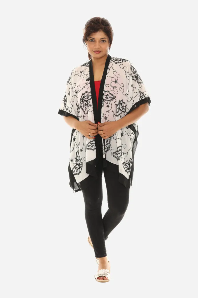 Women Sheer Floral Embroidered Open Cardigan