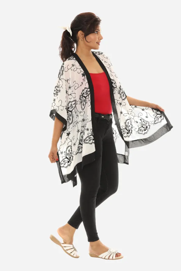 Women Sheer Floral Embroidered Open Cardigan