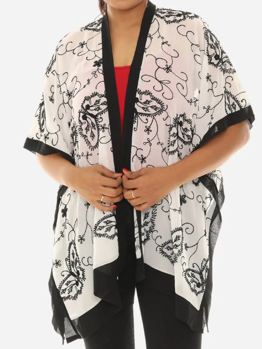 Women Sheer Floral Embroidered Open Cardigan