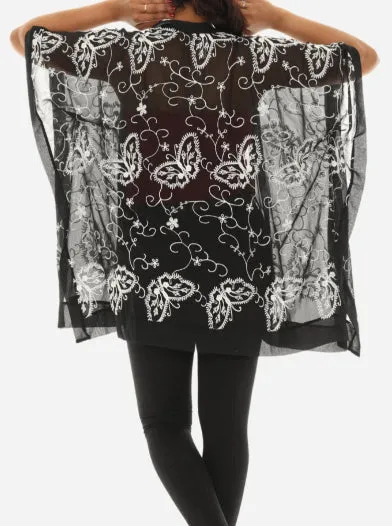Women Sheer Floral Embroidered Open Cardigan