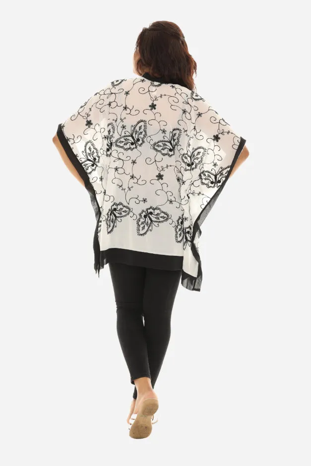 Women Sheer Floral Embroidered Open Cardigan