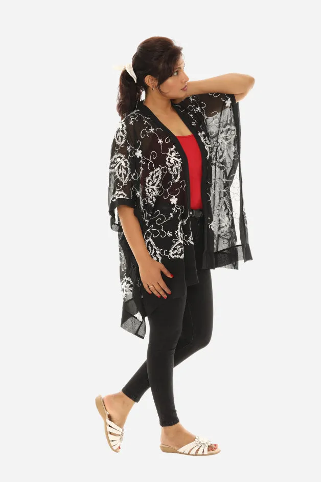 Women Sheer Floral Embroidered Open Cardigan