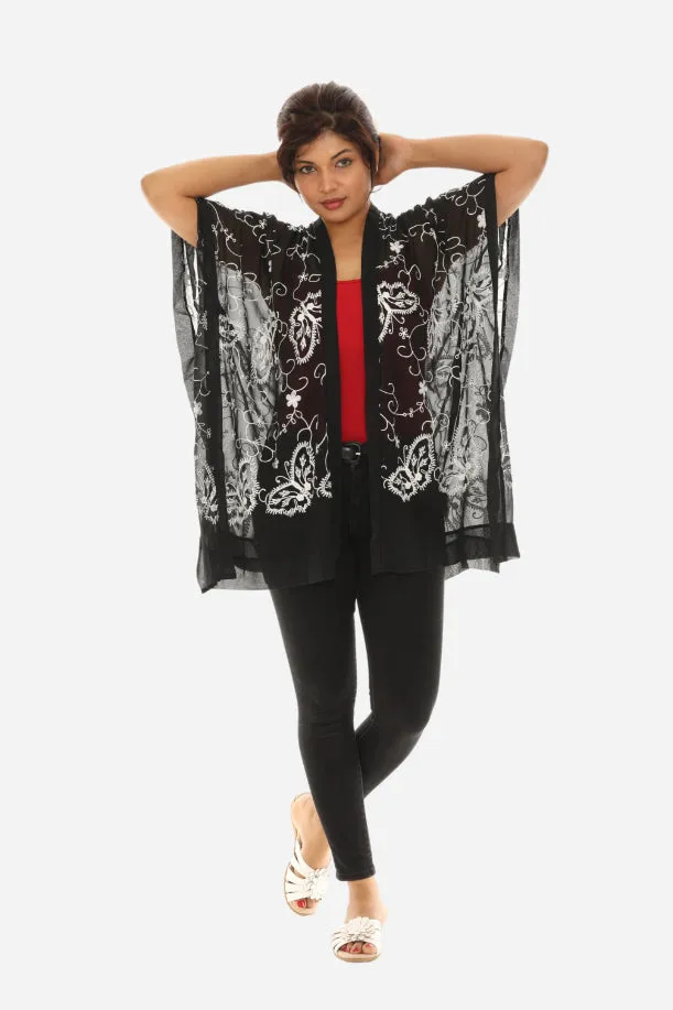 Women Sheer Floral Embroidered Open Cardigan