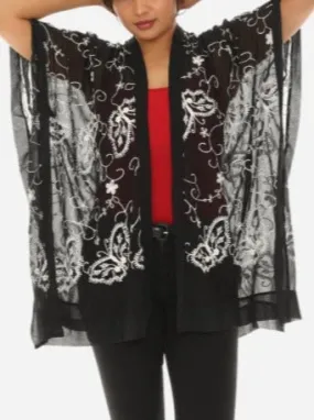 Women Sheer Floral Embroidered Open Cardigan