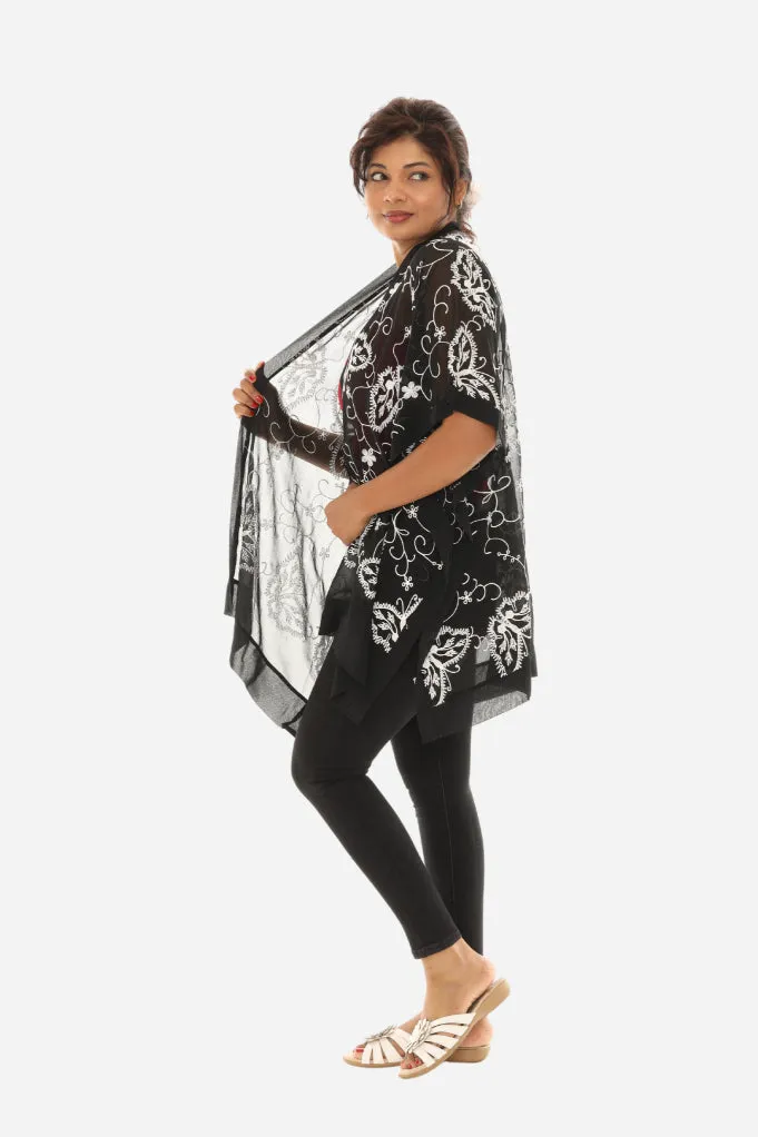 Women Sheer Floral Embroidered Open Cardigan