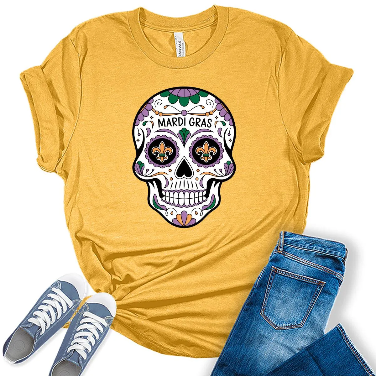 Women's Mardi Gras Shirt Cute Sugar Skull Graphic Tees